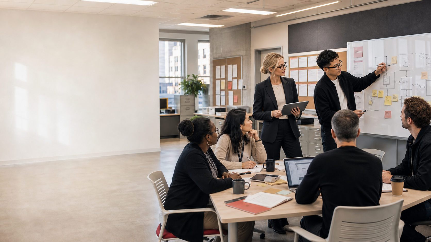 Public-sector staff and modernization operators collaborating in a modernizing institutional office